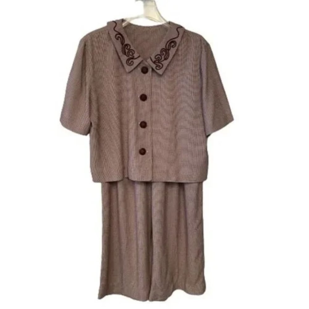 Womens Maroon Button Short Sleeve Top Pants Set Houndstooth Pleated Skir…